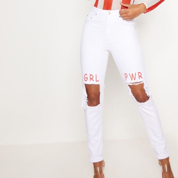 PrettyLittleThing Denim - PrettyLittleThing GRL PWR White Distressed Jeans